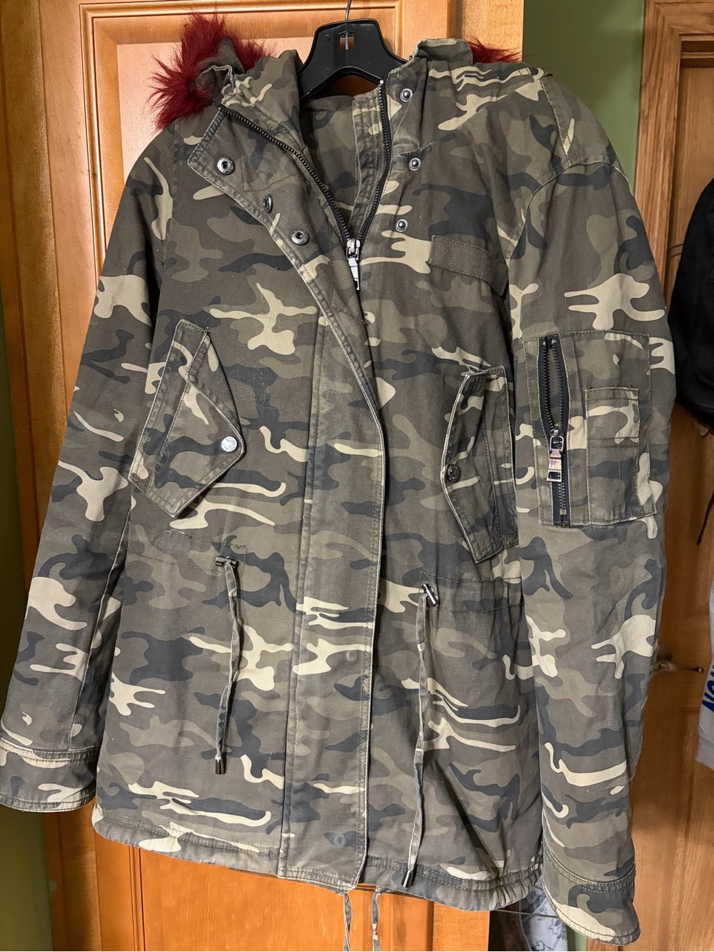 Women's Olive Camo Utility Parka with Hood and Faux-Fur Trim